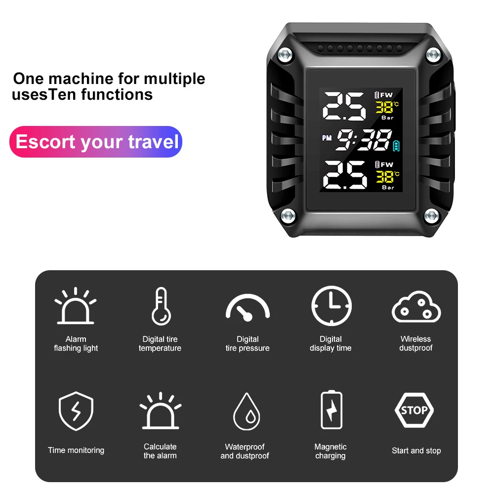 Tire Pressure Monitor - Motorbandenspanningsmonitor Digitale tijdweergave Externe motorfiets draadloze