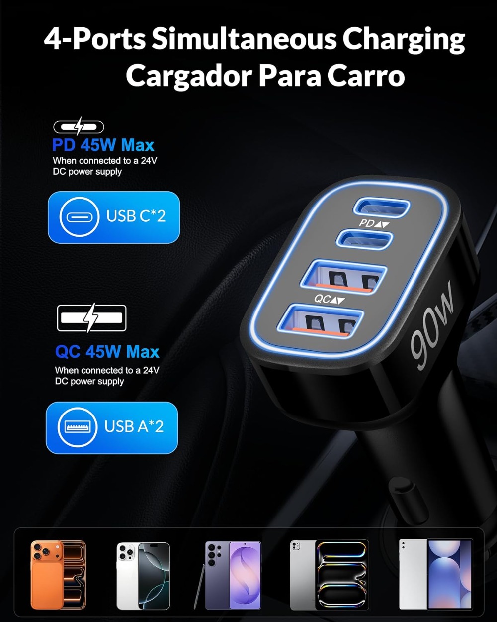 90W 4-poorts snelle USB-C auto - Car Accessories Qc recensie en prijs